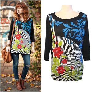 VTG Black Colorful Psychedelic Floral Printed Maximalist Tunic Blouse Large
